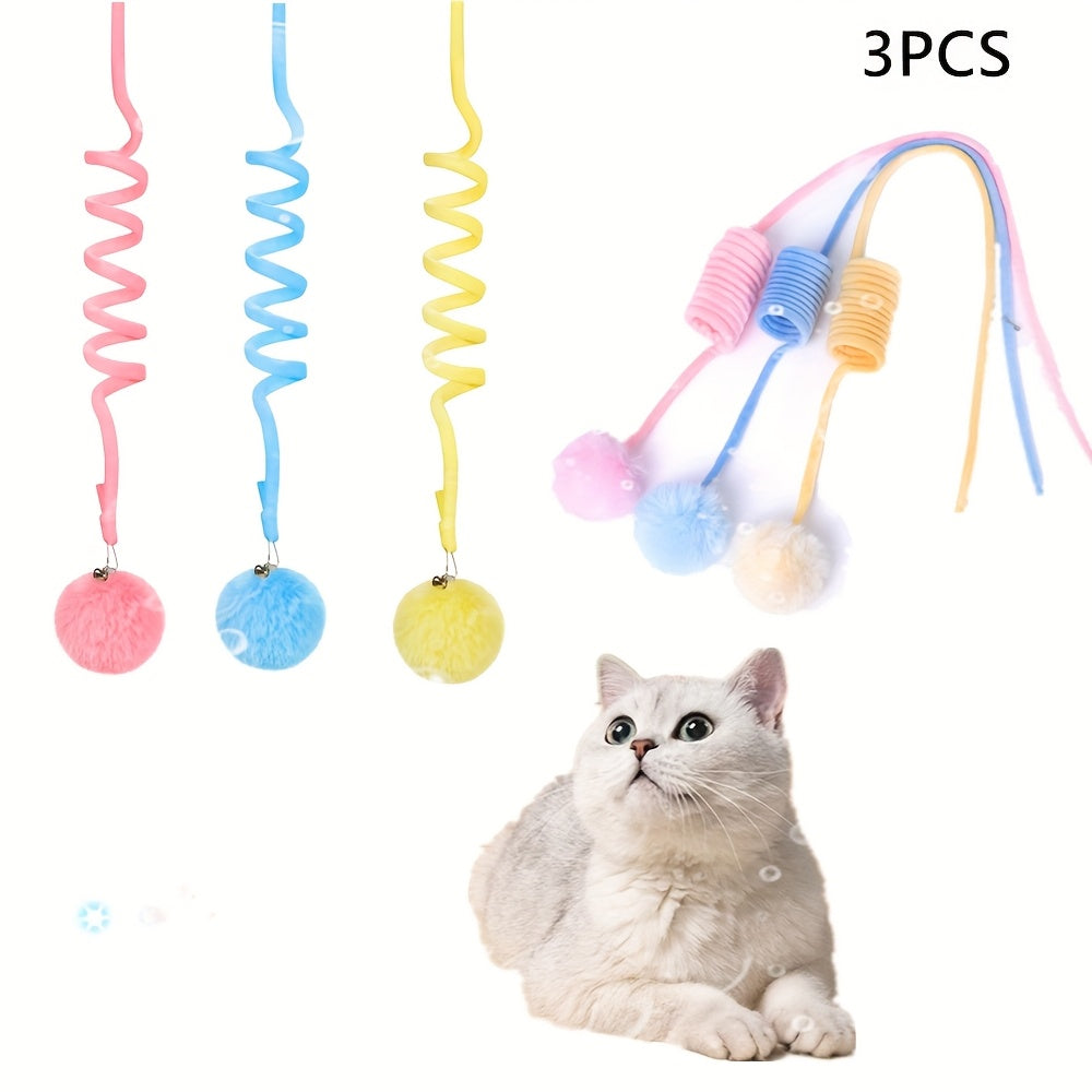 3-Pack Retractable Cat Funny Toy with Bells - Elastic Rope and Fluffy Ball, Colorful Durable Plush Material for Interactive Games, Indoor Exercises and Intellectual Stimulation - Soft Claw Friendly Texture, No Battery Required, Suitable for All Breed