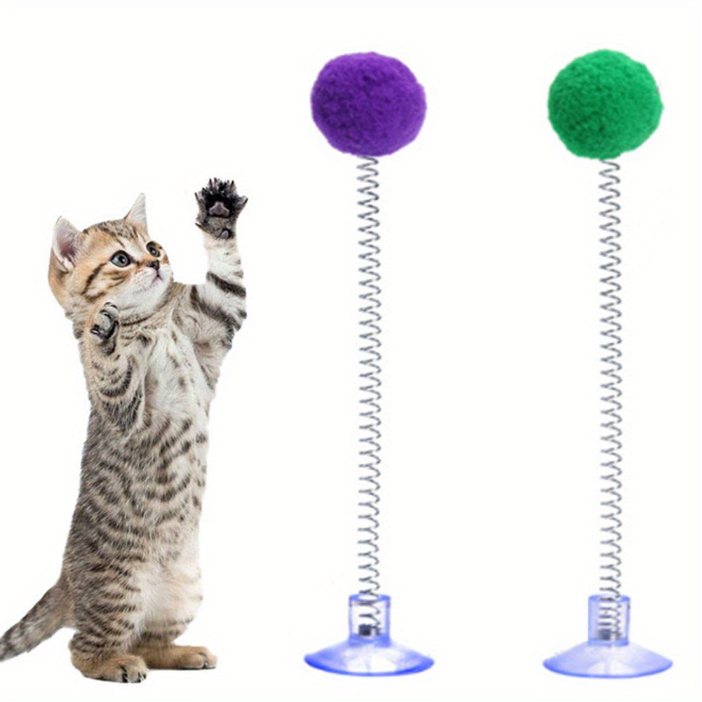 1pc Fur Ball Spring Cat Toy Suction Cup Multicolored Cat Teaser Wand Pet Interactive Toys Cat Scratcher Toys Supplies Random Color, Without Battery