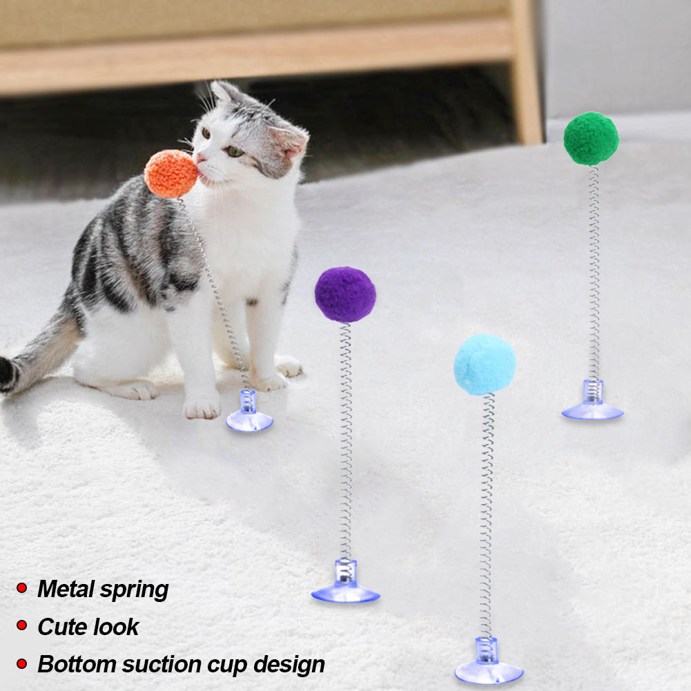 1pc Fur Ball Spring Cat Toy Suction Cup Multicolored Cat Teaser Wand Pet Interactive Toys Cat Scratcher Toys Supplies Random Color, Without Battery