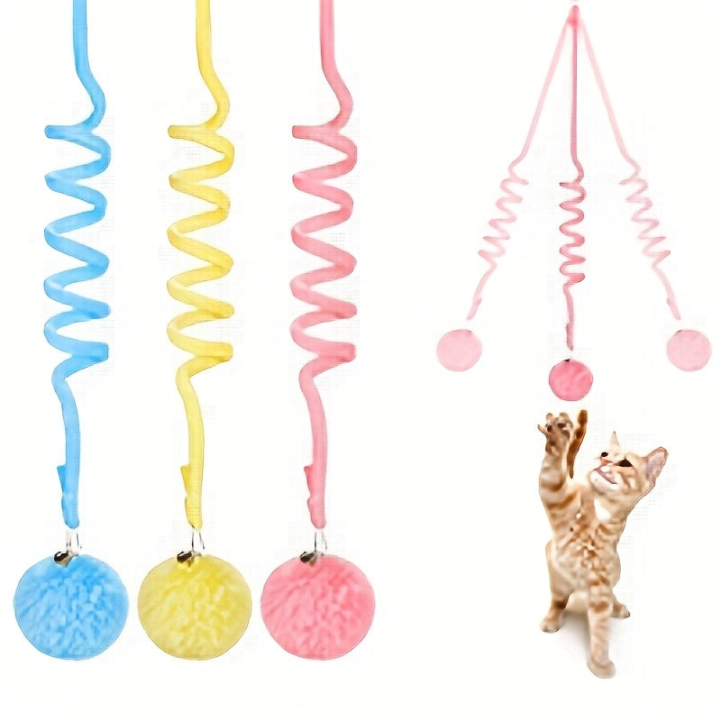 3-Pack Retractable Cat Funny Toy with Bells - Elastic Rope and Fluffy Ball, Colorful Durable Plush Material for Interactive Games, Indoor Exercises and Intellectual Stimulation - Soft Claw Friendly Texture, No Battery Required, Suitable for All Breed