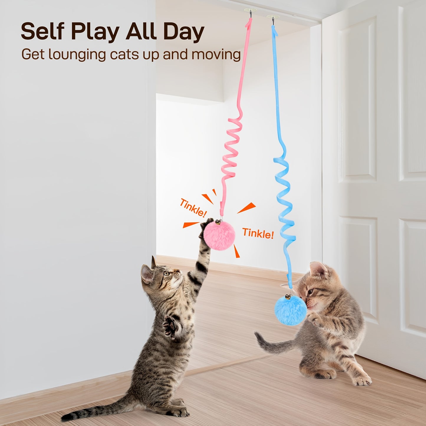 3-Pack Retractable Cat Funny Toy with Bells - Elastic Rope and Fluffy Ball, Colorful Durable Plush Material for Interactive Games, Indoor Exercises and Intellectual Stimulation - Soft Claw Friendly Texture, No Battery Required, Suitable for All Breed