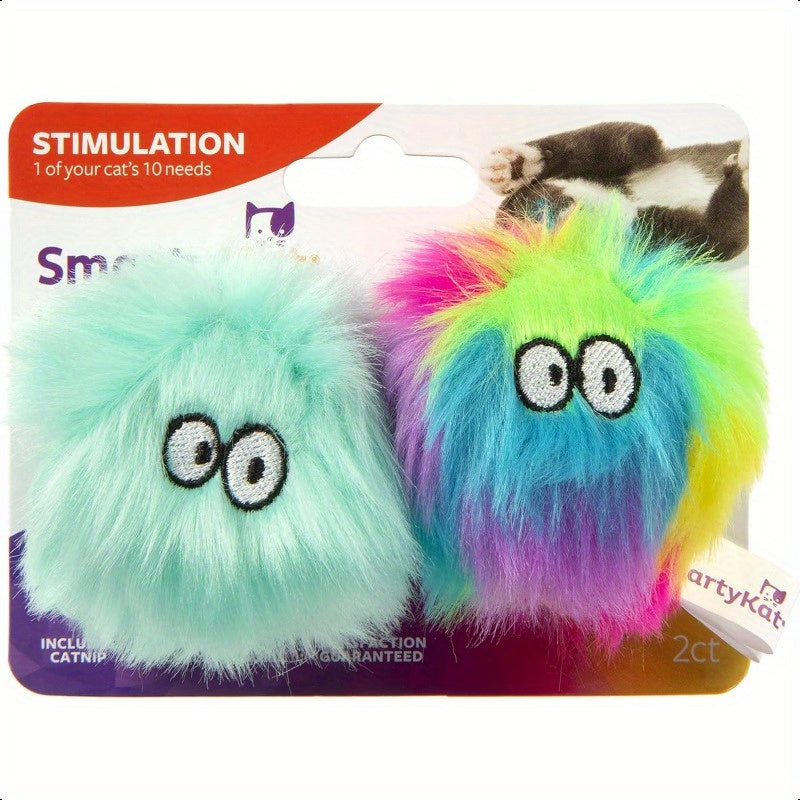 2 Count Fuzzy Friends Plush Pet Herb Ball Cat Toys Rainbow Turquoise 2 Count
