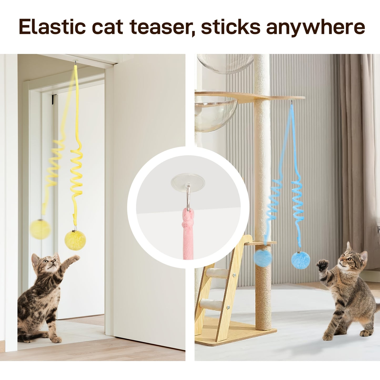 3-Pack Retractable Cat Funny Toy with Bells - Elastic Rope and Fluffy Ball, Colorful Durable Plush Material for Interactive Games, Indoor Exercises and Intellectual Stimulation - Soft Claw Friendly Texture, No Battery Required, Suitable for All Breed