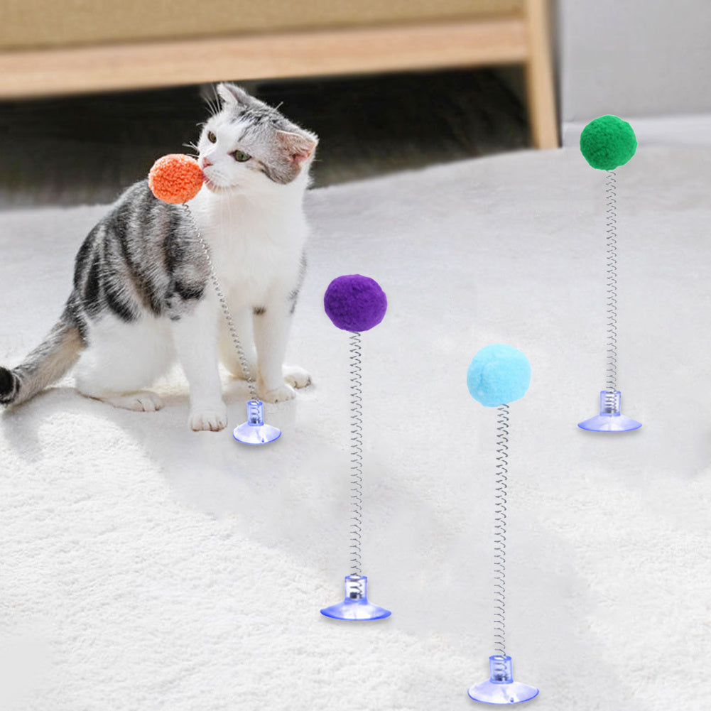 1pc Fur Ball Spring Cat Toy Suction Cup Multicolored Cat Teaser Wand Pet Interactive Toys Cat Scratcher Toys Supplies Random Color, Without Battery