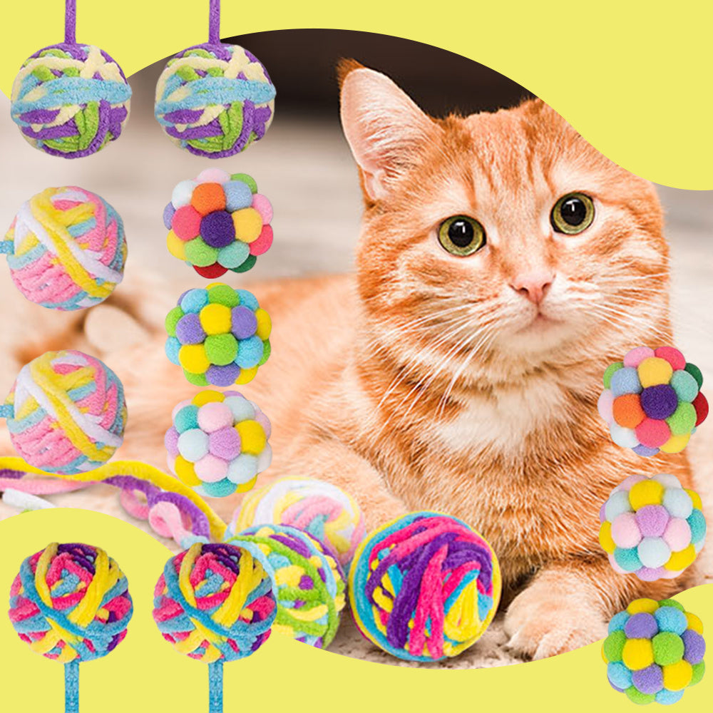 12pcs Cat Plush Toy Cat Interactive Toy Set Fur Ball Toy Wool Cat Ball Toy with Bell Great Value for Indoor Cats Kittens Interactive Cat Toy