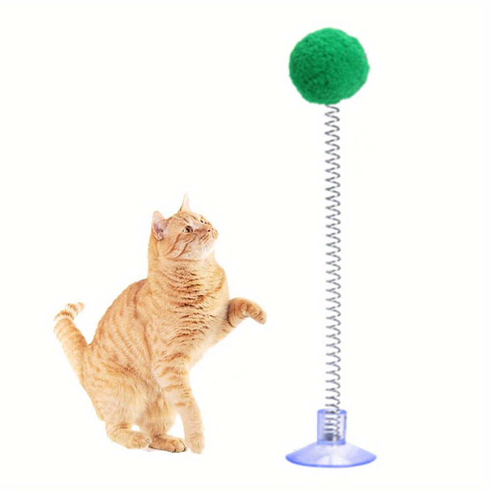 1pc Fur Ball Spring Cat Toy Suction Cup Multicolored Cat Teaser Wand Pet Interactive Toys Cat Scratcher Toys Supplies Random Color, Without Battery