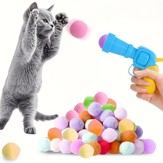 Whisker Wonders 20\u002F50\u002F100pcs Plush Pom Pom Balls Set with Interactive Cat Toy Gun - Mute, Scratch-Resistant Fur Balls for All Breed Sizes, Without Battery