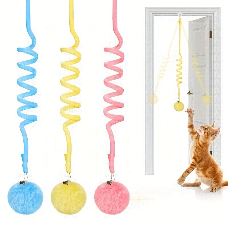 3-Pack Retractable Cat Funny Toy with Bells - Elastic Rope and Fluffy Ball, Colorful Durable Plush Material for Interactive Games, Indoor Exercises and Intellectual Stimulation - Soft Claw Friendly Texture, No Battery Required, Suitable for All Breed