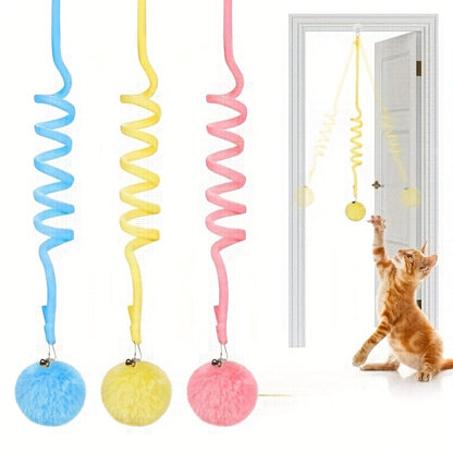 3-Pack Retractable Cat Funny Toy with Bells - Elastic Rope and Fluffy Ball, Colorful Durable Plush Material for Interactive Games, Indoor Exercises and Intellectual Stimulation - Soft Claw Friendly Texture, No Battery Required, Suitable for All Breed
