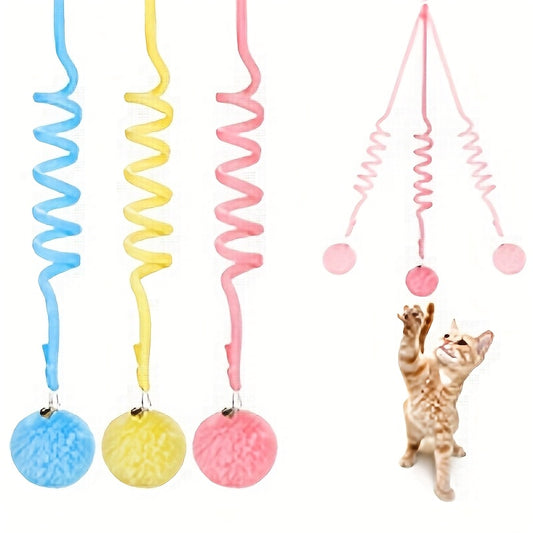 3-Pack Retractable Cat Funny Toy with Bells - Elastic Rope and Fluffy Ball, Colorful Durable Plush Material for Interactive Games, Indoor Exercises and Intellectual Stimulation - Soft Claw Friendly Texture, No Battery Required, Suitable for All Breed