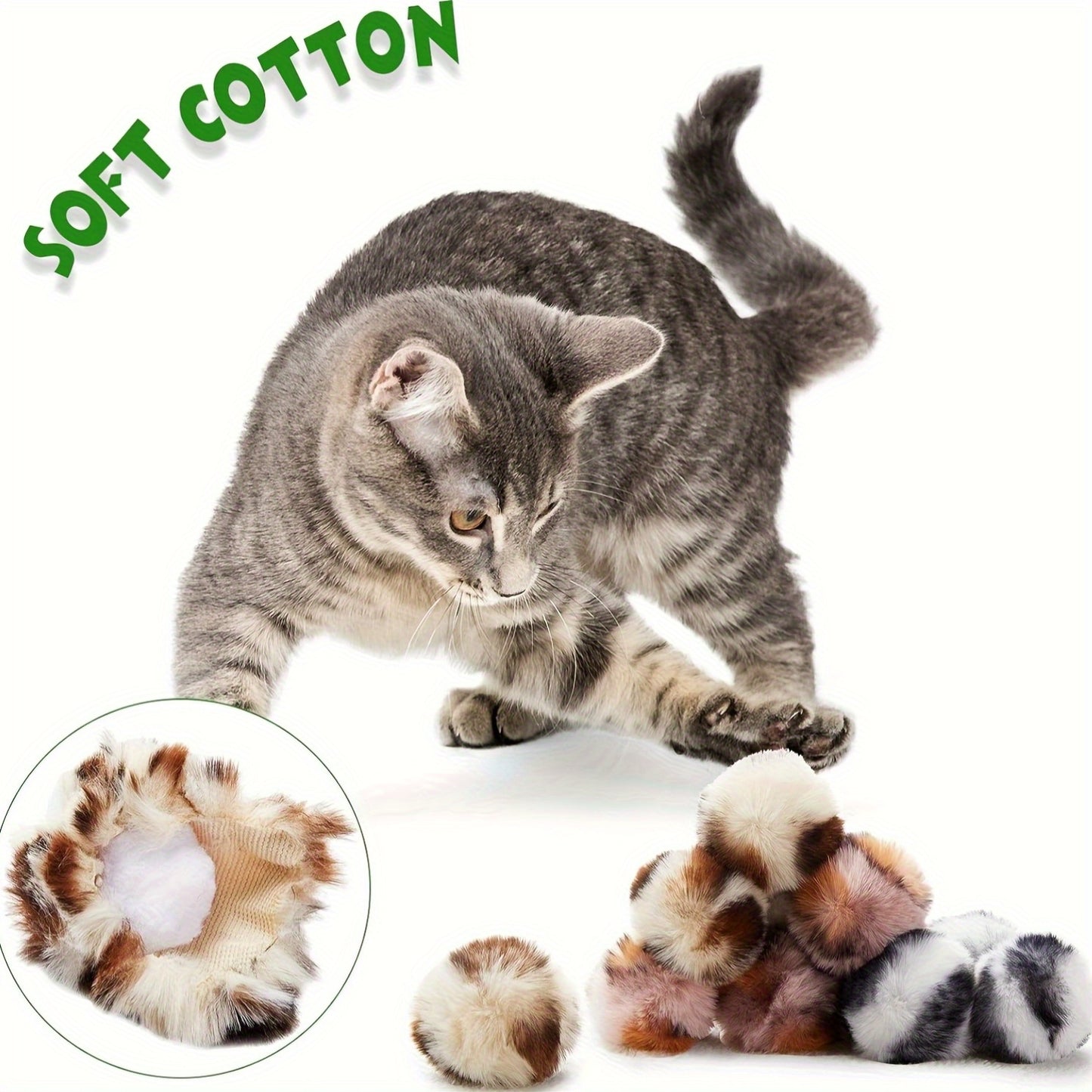 12pcs Large Fuzzy Cat Pom Pom Balls - Interactive Plush Toy for Indoor Play, Soft Fabric Striped Design, Perfect for Small Breeds & Kittens, Cat Toy Ball, Kitten Playthemed Design, Fluffy Texture, Without Battery