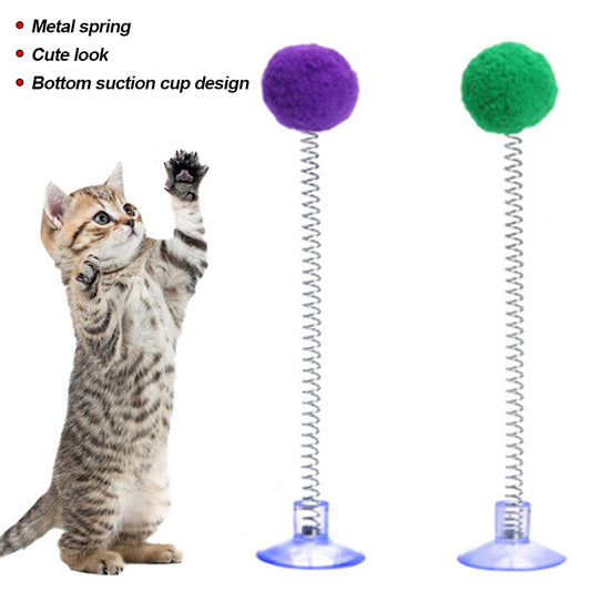 1pc Fur Ball Spring Cat Toy Suction Cup Multicolored Cat Teaser Wand Pet Interactive Toys Cat Scratcher Toys Supplies Random Color, Without Battery